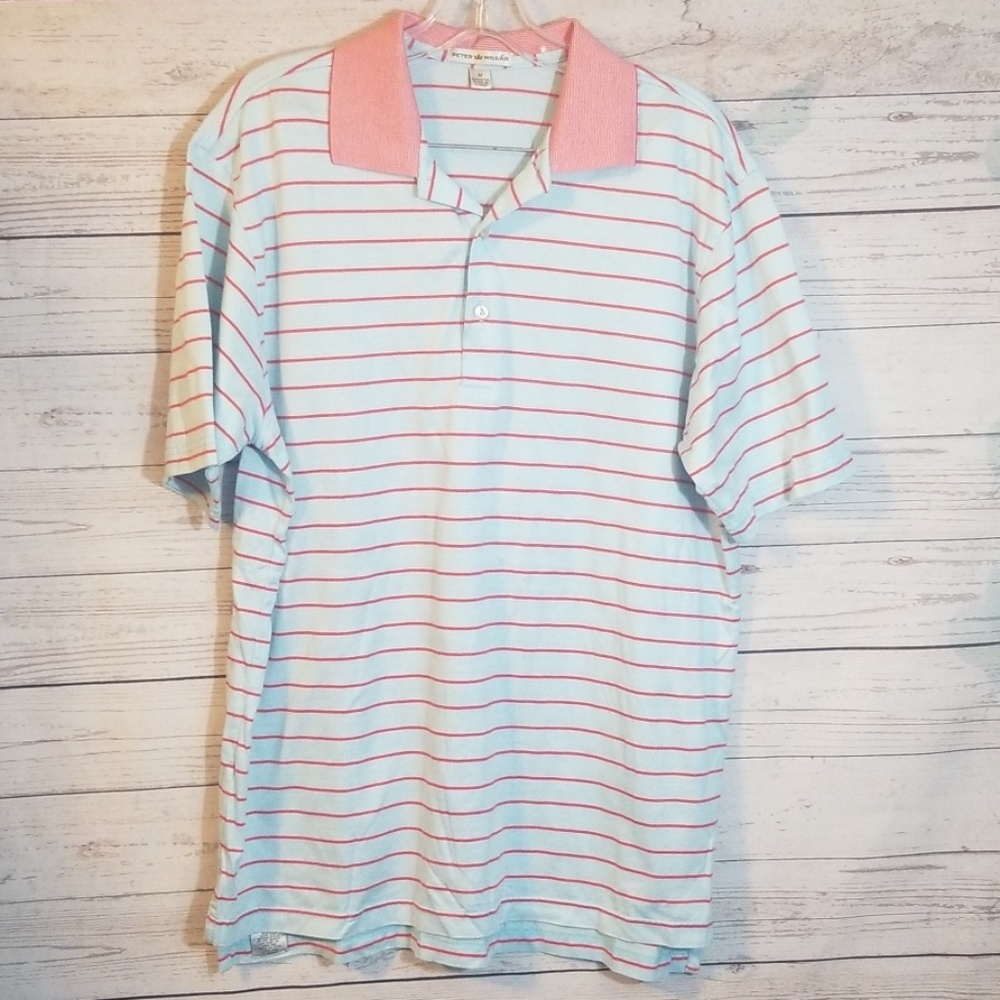 Peter Millar Men's Sky Blue/Red Polo size Medium